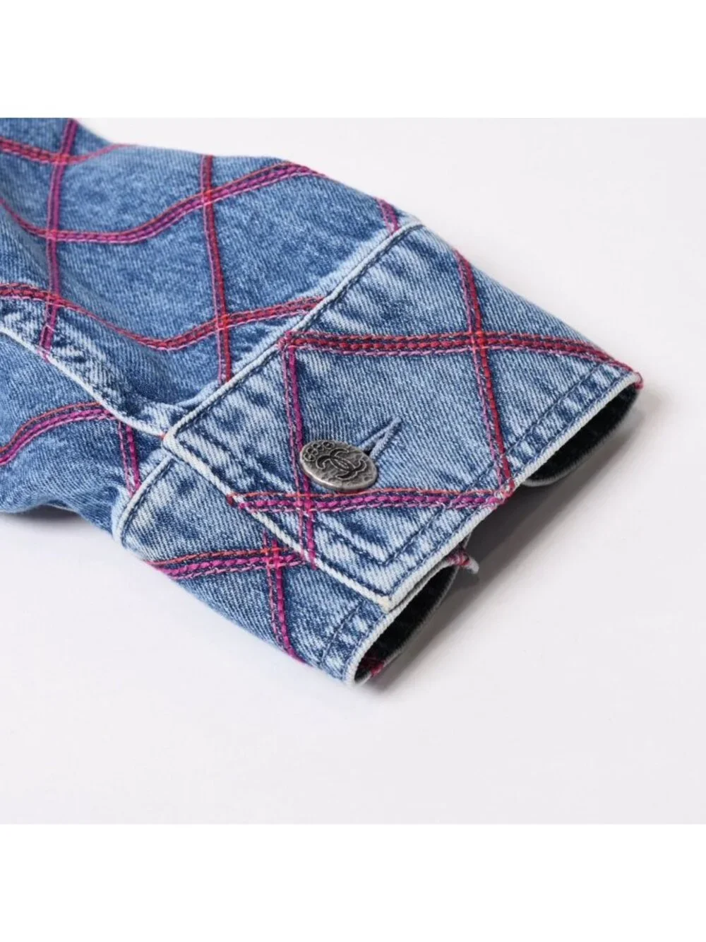 Chanel Collarless Denim Jacket CC Logo Stitch Blue